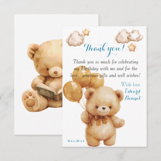 Teddy Beer Beige Ballon Bedankkaart (Voorkant / Achterkant)