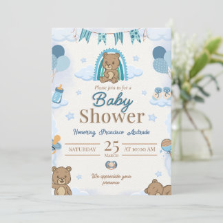 Teddy Beer Blauwe Baby Shower Uitnodiging