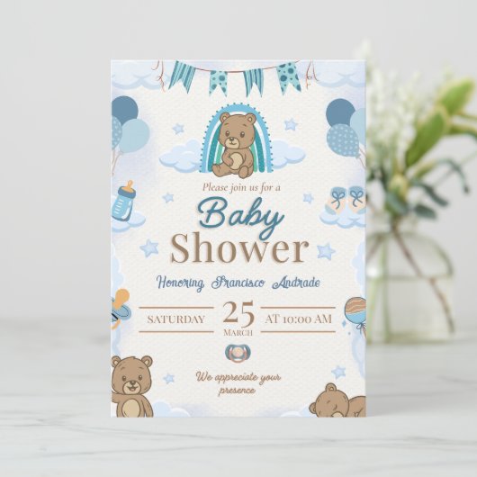 Teddy Beer Blauwe Baby Shower Uitnodiging (Staand voorkant)