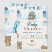 Teddy Beer Blauwe Baby Shower Uitnodiging (Voorkant / Achterkant)