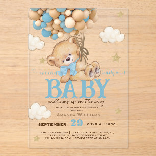 Teddy Beer Blauwe Ballonnen Baby Shower Acryl Uitnodigingen