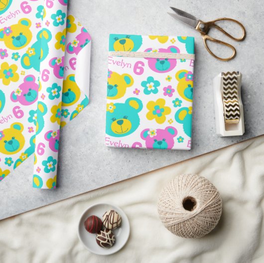 Teddy beer bloemen 6e verjaardag cadeaupapier (Crafts)