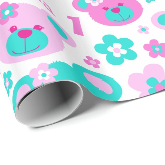 Teddy beer bloemen, cadeaupapier voor 1 verjaardag (Rol Hoek)