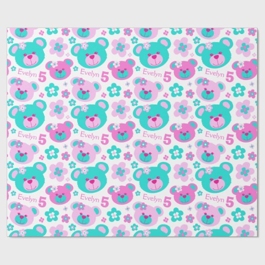 Teddy beer bloemen, cadeaupapier voor de vijfde ve (Vlak)