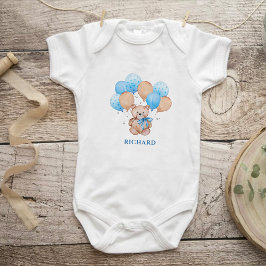 Teddy beer blue ballons baby bodysuit