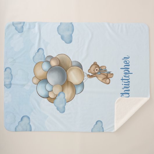 Teddy beer blue beige ballonnen gepersonaliseerd sherpa deken (Voorkant (horizontaal))