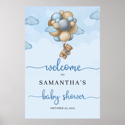 Teddy beer blue brown ballonnen baby Welkomstbord Poster (Voorkant)
