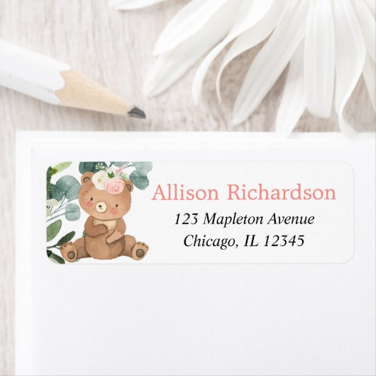 Teddy beer Blush roze witte flora Etiket (Insitu)