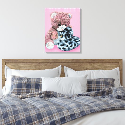 Teddy beer cuddles canvas omwikkelroze afdruk (Insitu (Slaapkamer))