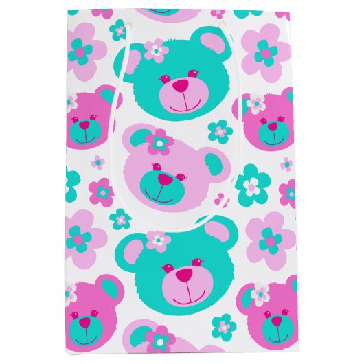 Teddy-beer en bloemen roze watje witte cadeazak medium cadeauzakje (Voorkant)