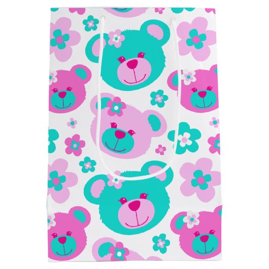 Teddy-beer en bloemen roze watje witte cadeazak medium cadeauzakje (Achterkant)