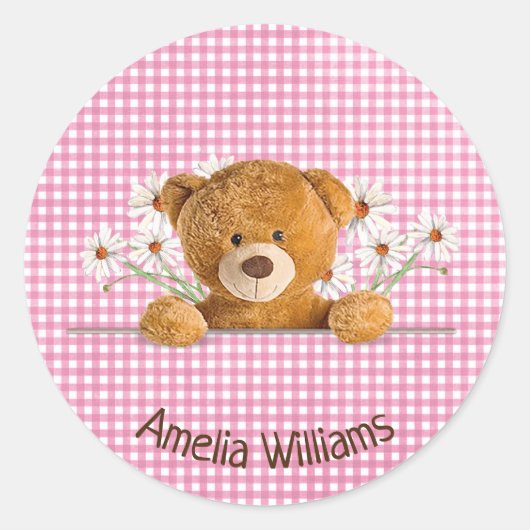 teddy beer en daisies op gingham ronde sticker (Voorkant)