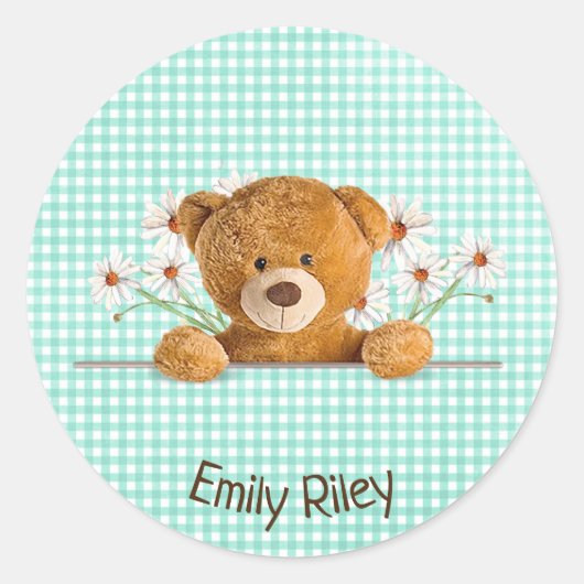 teddy beer en daisies op green gingham ronde sticker (Voorkant)