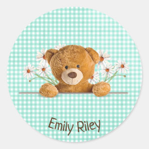 teddy beer en daisies op green gingham ronde sticker
