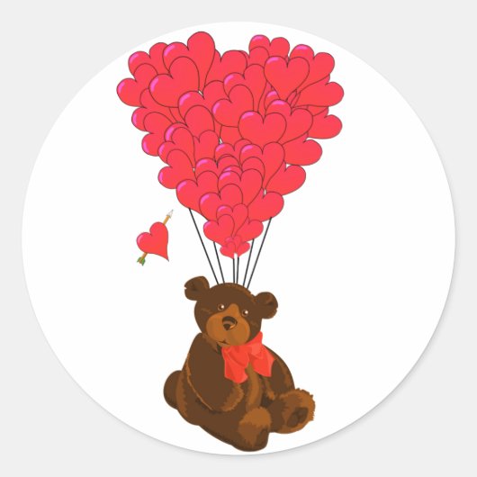Teddy beer en hartballonnen ronde sticker (Voorkant)