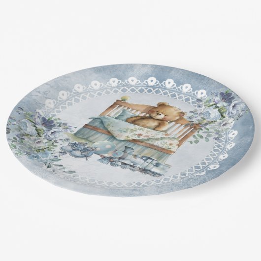 Teddy beer en stoffige blauw baby shower papieren bordje (Gekanteld)
