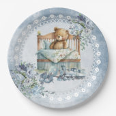 Teddy beer en stoffige blauw baby shower papieren bordje (Voorkant)