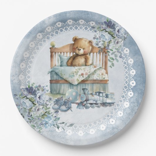Teddy beer en stoffige blauw baby shower papieren bordje (Voorkant)