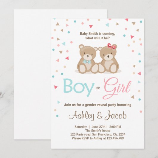 Teddy beer Gender onthullen de uitnodiging Jongen (Voorkant / Achterkant)