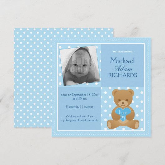 Teddy beer "Het is een jongetje"-mededelingskaart Aankondiging (Voorkant / Achterkant)