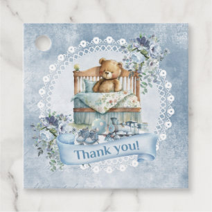 Teddy beer in wieg blauw bloemen bruin baby shower bedankjes labels