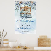 Teddy beer in wieg dusty blue baby shower Welcome Poster (Keuken)