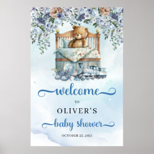 Teddy beer in wieg dusty blue baby shower Welcome Poster