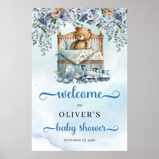 Teddy beer in wieg dusty blue baby shower Welcome Poster (Voorkant)
