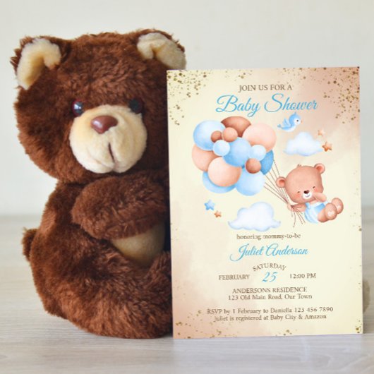 Teddy beer met ballonnen baby shower sjabloon kaart