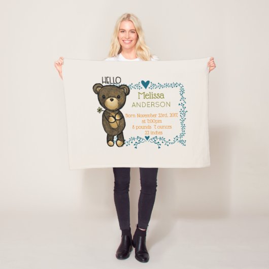 Teddy beer met Blue Floral Wreate Baby Birth Fleece Deken (In situ)