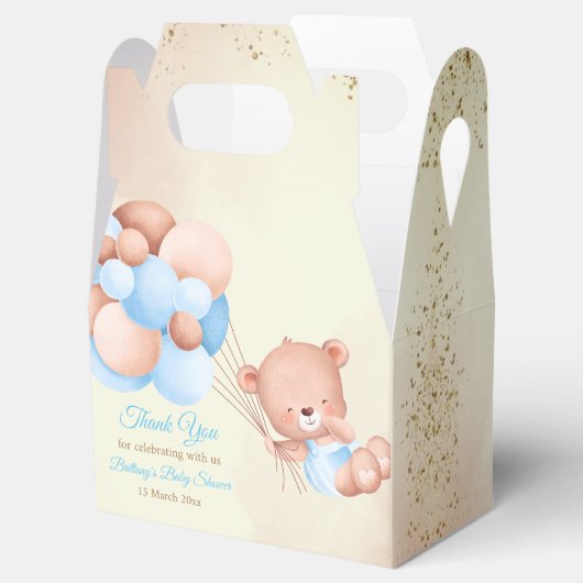 Teddy beer met bruine en blauwe ballonnen bedankdoosjes (Geopend)