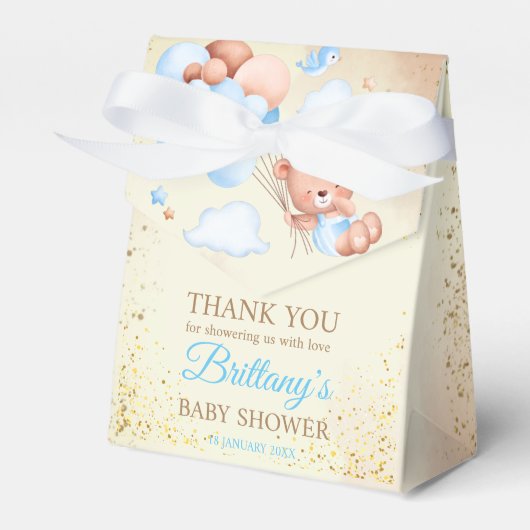 Teddy beer met bruine en blauwe ballonnen en wolke bedankdoosjes (Voorkant Zijde)