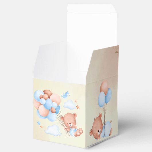 Teddy beer met bruine en blauwe ballonnen en wolke bedankdoosjes (Geopend)