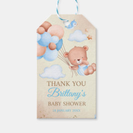 Teddy beer met bruine en blauwe ballonnen en wolke cadeaulabel