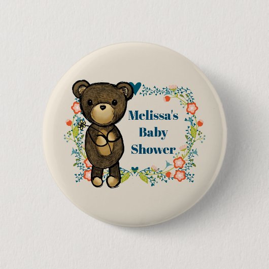 Teddy beer met Floral Wreath Baby shower Ronde Button 5,7 Cm (Voorkant)