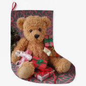 Teddy beer met veel kerstcadeautjes grote kerstsok (Voorkant)