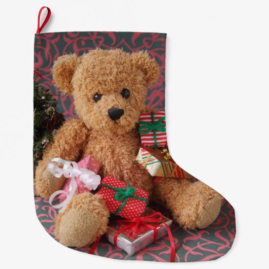 Teddy beer met veel kerstcadeautjes grote kerstsok (Voorkant)