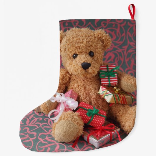 Teddy beer met veel kerstcadeautjes grote kerstsok (Achterkant)