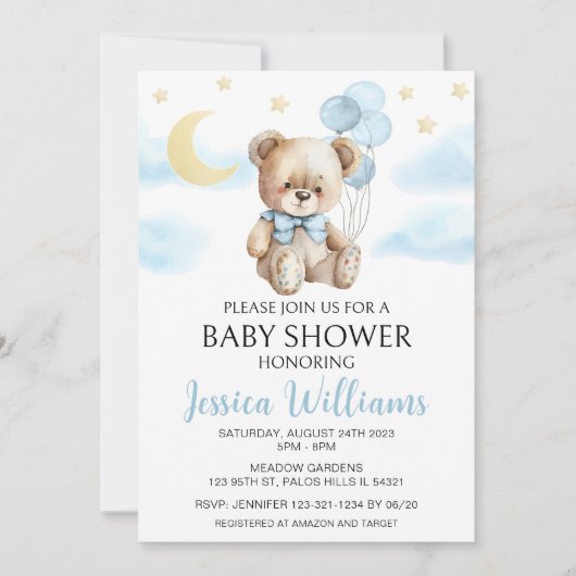 Teddy beer moon and stars baby shower nodigt kaart (Voorkant)