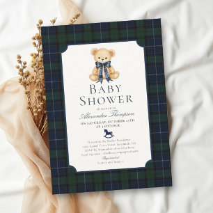 Teddy Beer Navy Schotse Streep Jongens Baby Shower Kaart