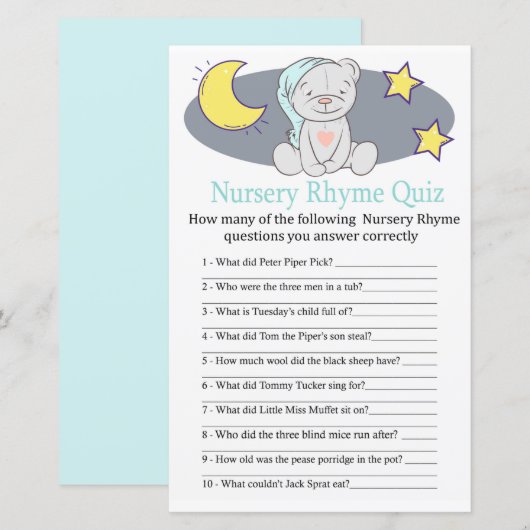 Teddy beer Nursery Rhyme Quiz baby shower game (Voorkant / Achterkant)