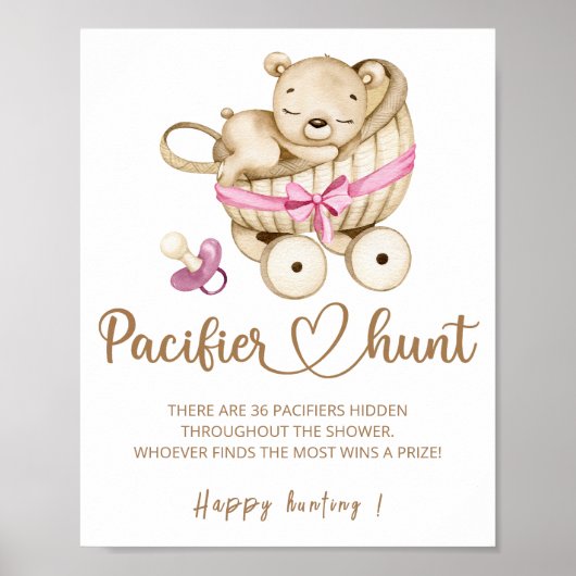 Teddy beer Pacifier jaag baby shower game poster (Voorkant)