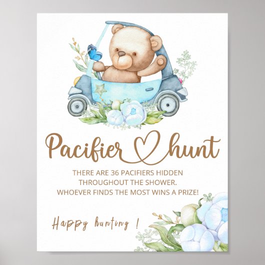 Teddy beer Pacifier jaag baby shower game poster (Voorkant)