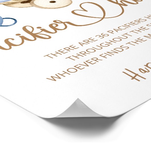 Teddy beer Pacifier jaag baby shower game poster (Hoek)