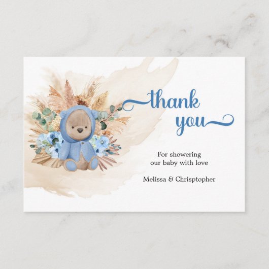 Teddy beer pampas blauw bloemen palmblad dank u informatiekaartje (Voorkant)