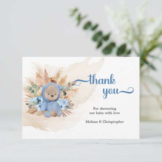 Teddy beer pampas blauw bloemen palmblad dank u informatiekaartje (Staand voorkant)