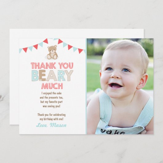 Teddy beer picknick Dank u kaart Teddy beer jongen (Voorkant / Achterkant)