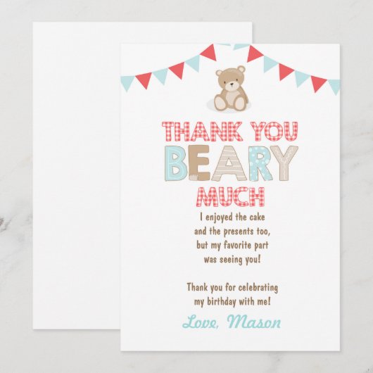 Teddy beer picknick Dank u kaart Teddy beer jongen (Voorkant / Achterkant)