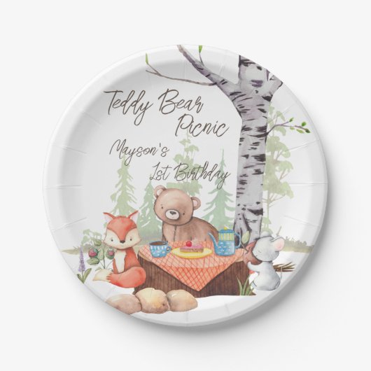 Teddy beer picnic woodland verjaarfeest papieren bordje (Voorkant)