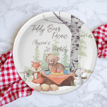 Teddy beer picnic woodland verjaarfeest papieren bordje<br><div class="desc">Teddy beer picnic woodland dieren verjaardagsfeestje gepersonaliseerde naam bord sjabloon. Een leuk feestthema voor kinderen om buiten te spelen.</div>